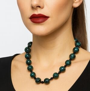 Green Color Ceramic and Black Glass Beaded Necklace 21.5-23.5 Inches in Silverto